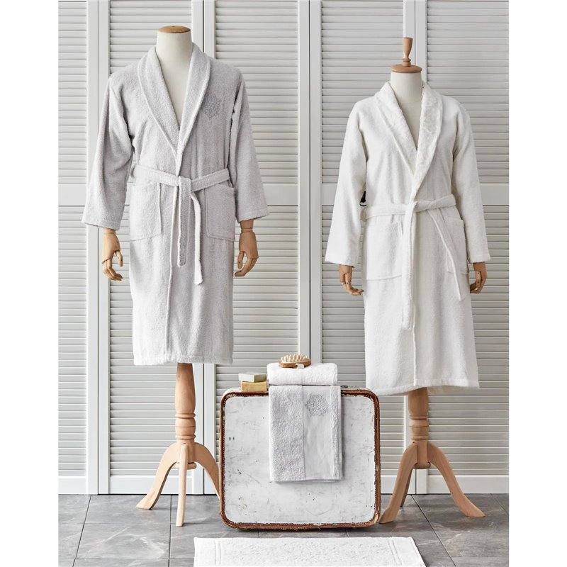 Delora Offwhite-Gri Dantelli Bathrobe Set 5 Prc