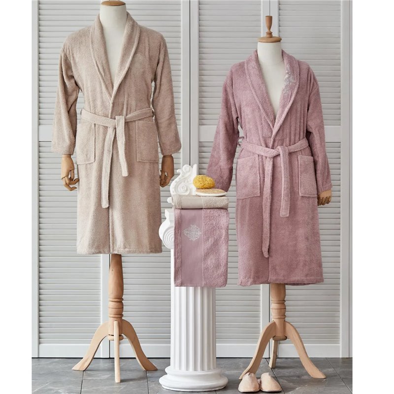 Doleres Powder-Beige Nakisli Bathrobe Set 5 Prc