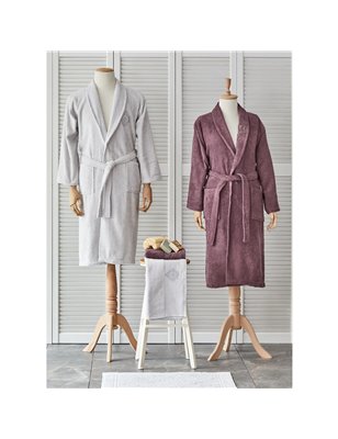 DOLERES PLUM-GRAY EMBROIDERED BATHROBE SET 5 PCS