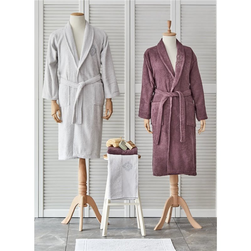 DOLERES PLUM-GRAY EMBROIDERED BATHROBE SET 5 PCS