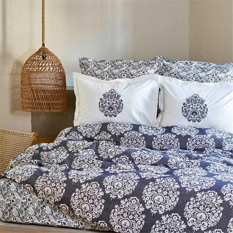 Moni Indigo Duvet Cover Set With Pique Nish Set - Queen Size